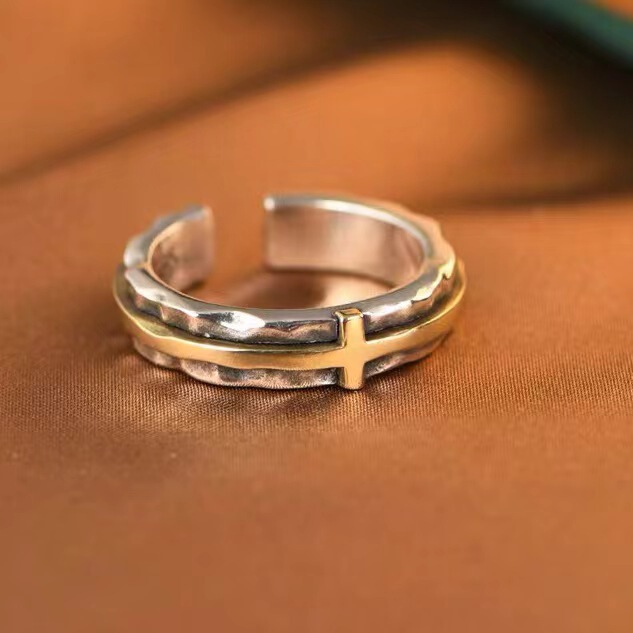 Vintage Distressed Distinctive Golden Cross Ring Men's Narrow Version Boyfriend Style Hip Hop Open Adjustable Ring for Men