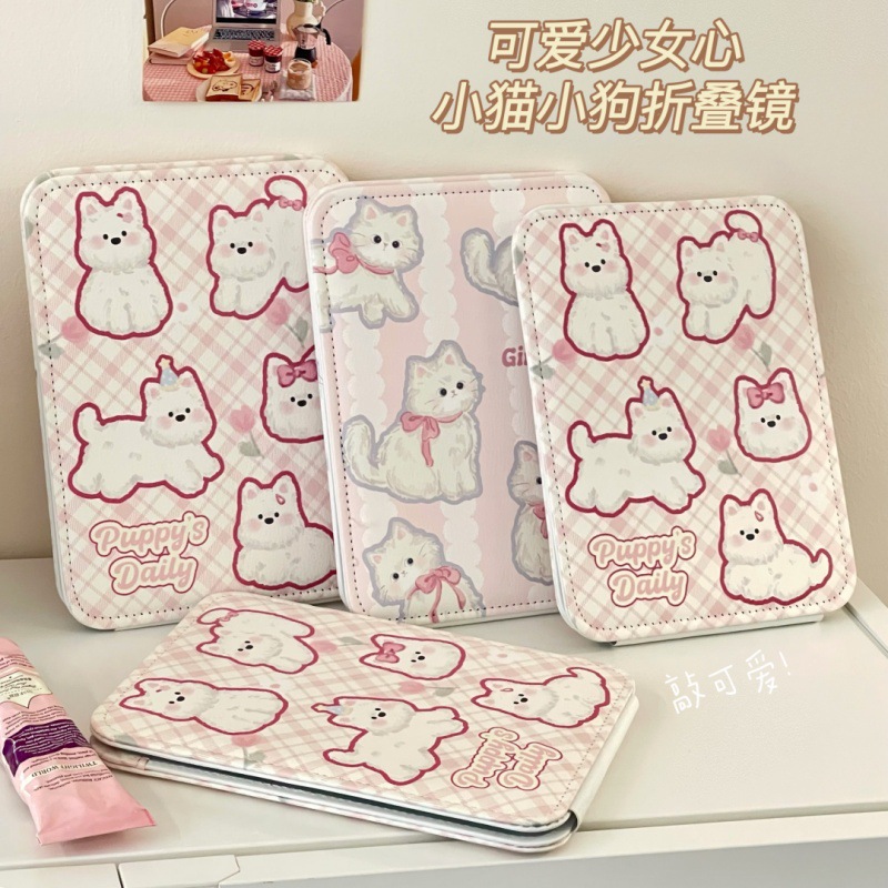 Lindo gato espejo plegable escritorio puede estar de pie estudiante mujer vestidor portátil maquillaje doméstico espejo pequeño