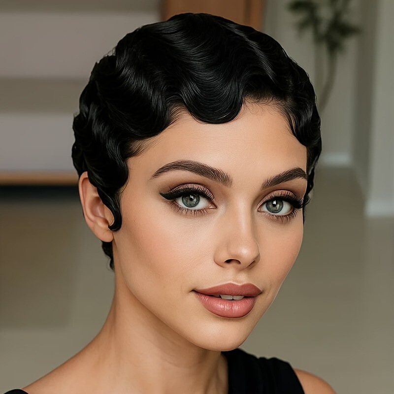 Cross-Border Wig Headgear for Women Short Water Ripple Wave Shanghai Retro Hairstyle Real Hair European and American Foreign Trade Wig Delivery