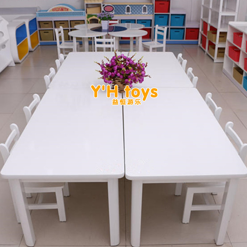 Kindergarten Children's White Painted Rectangular Square Table Painting Game Table Learning Table and Chair Moon Table Round Table