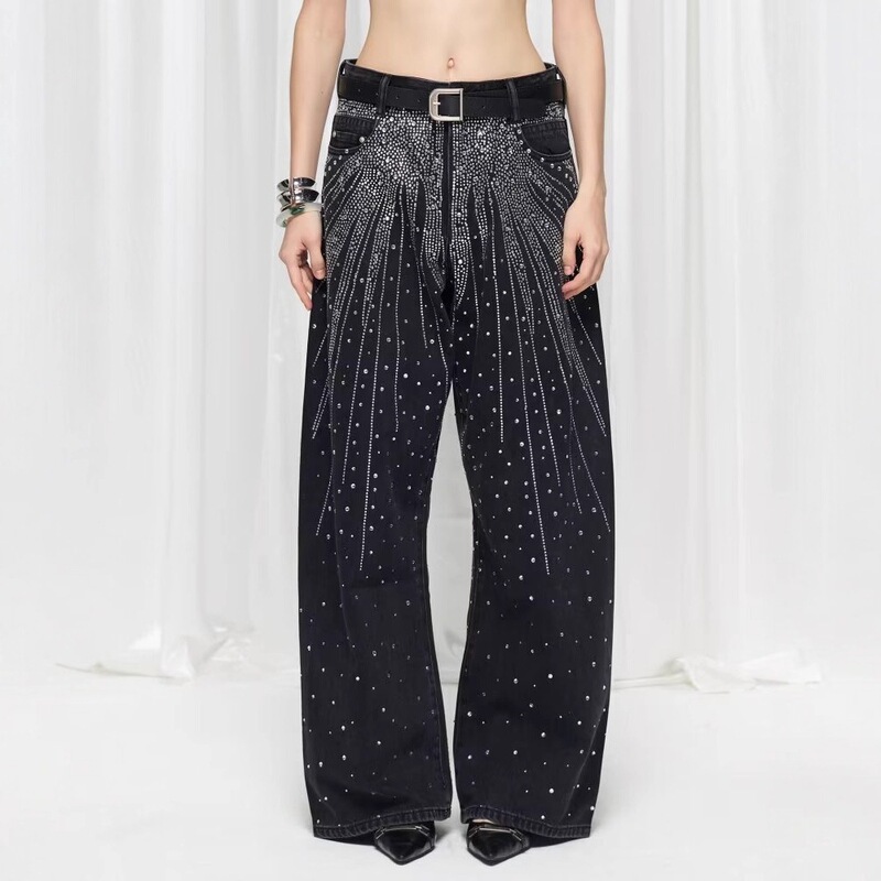 Real Shot of Plus-Size Washed Denim Jeans with Rhinestones for Women, Street Style, Straight Loose Fit, Slimming Wide-Leg Drapey Long Pants