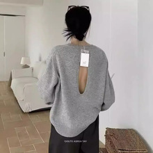 出口韩国简约通勤设计心机镂空露背宽松圆领针织毛衣衫