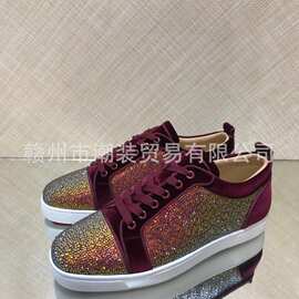 CL andgz红底鞋男鞋酒红色丝绒烫钻低帮女鞋火焰水晶钻鞋休闲板鞋