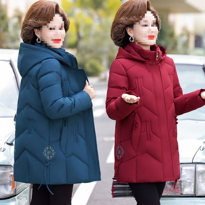 中老年羽绒棉服女中长款冬装刺绣棉袄妈妈装加肥加大码斤外套