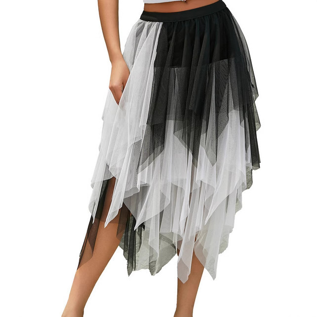 Multi-Layer Mesh Irregular Skirt New European and American Color Matching Versatile Elastic Waist Mid-Length Skirt Multi-Layer Mesh Irregular Skirt New European and American Color Matching Versatile Elastic Waist Mid-Length Skirt
