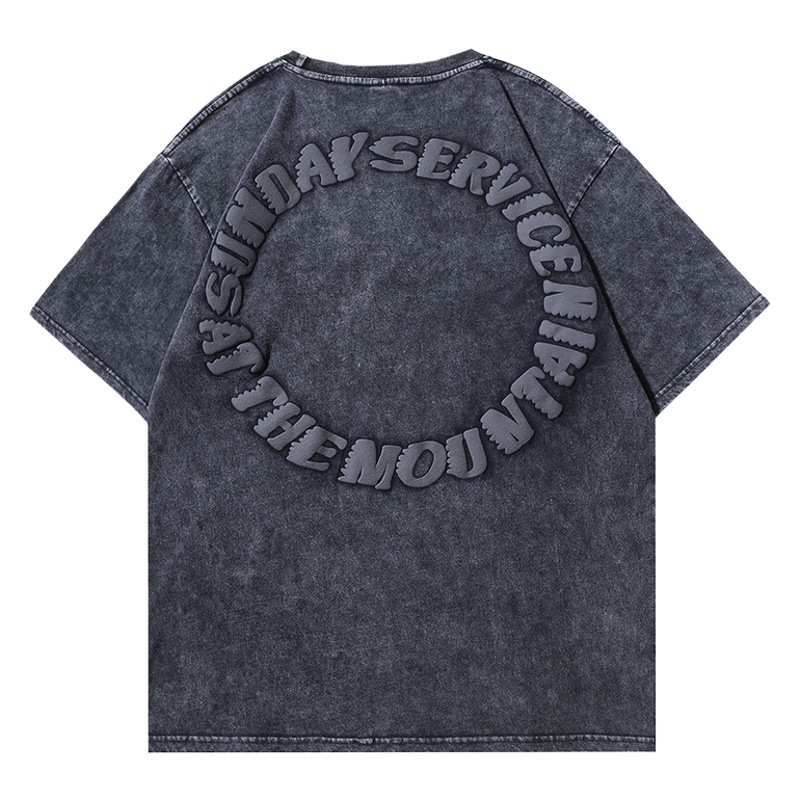 Nueva High Street Inglés de espuma impresa de manga corta Camiseta de los hombres y las mujeres de la marca de moda 270g de algodón suelto lavado apenado superior