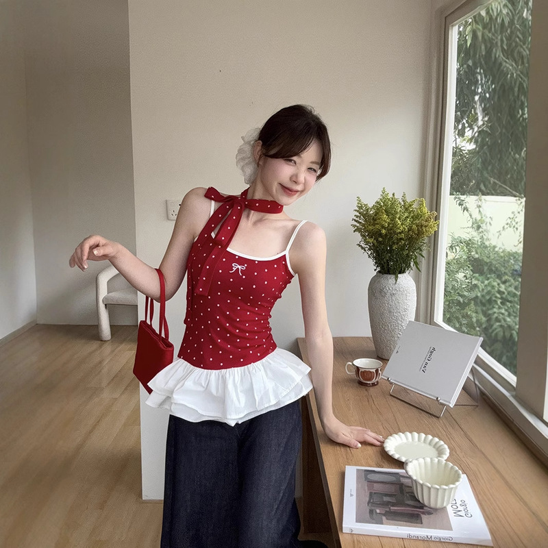 Ballet Style Red Polka Dot Bow Camisole Women's Summer Design Splicing Ruffled Ribbon Top