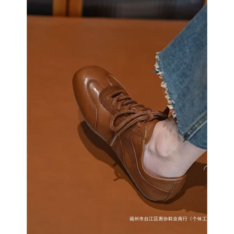 复古棕色德训鞋女秋季时尚休闲鞋平跟软底单鞋深口系带女鞋增高鞋|undefined