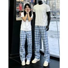 美式街头北卡蓝直筒长裤男宽松休闲cleanfit阔腿裤情侣格子裤卫裤