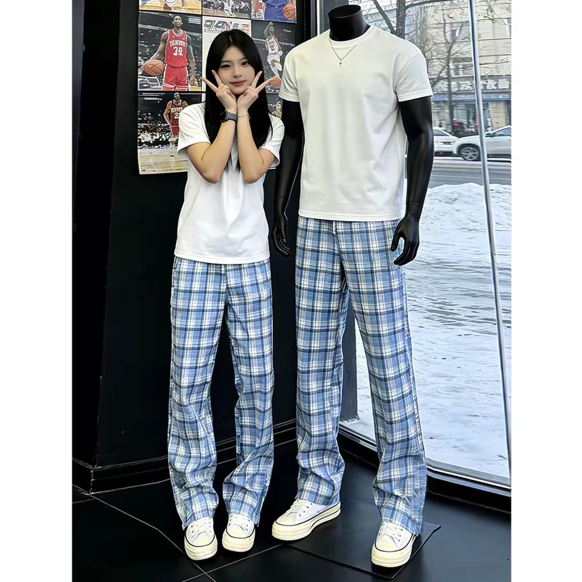 美式街头北卡蓝直筒长裤男宽松休闲cleanfit阔腿裤情侣格子裤卫裤