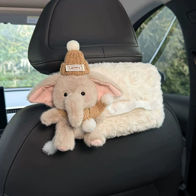 Model Car Tissue Box, Car-Mounted Hanging: Car tissue box/set - khaki-hat-scarf-elephant-headrest-tissue-bag