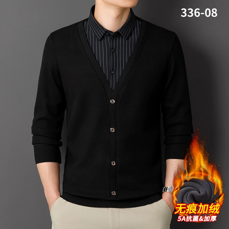 2024 осень и зима новые мужские поддельные две рубашки деловая повседневная плюшевая утолщение среднего возраста папа теплый рубашка