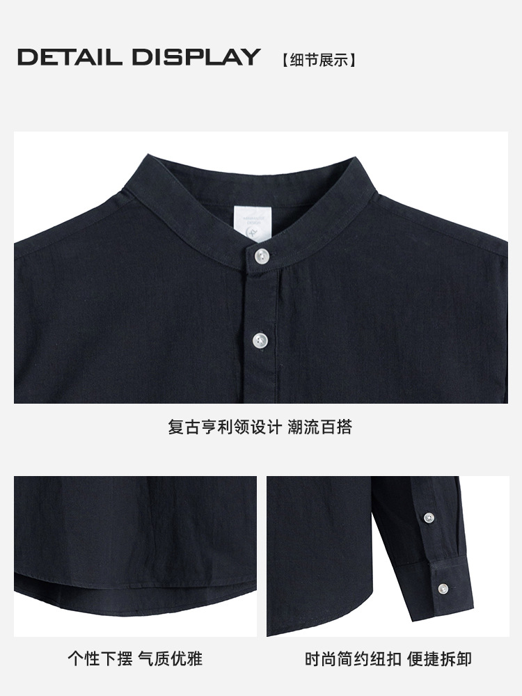 Nuevo estilo chino de hombre Waffle Henry camisa de cuello hombre sensación de alto cuello casual camisa de hombre de manga larga camiseta