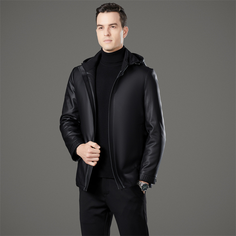 大品牌男士连帽皮羽绒服2024冬季保暖白鸭绒爸爸装防寒绵羊皮外套