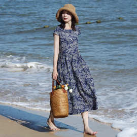 2024年夏季新款文艺宽松棉麻印花圆领短袖连衣裙女装中长款#1951#