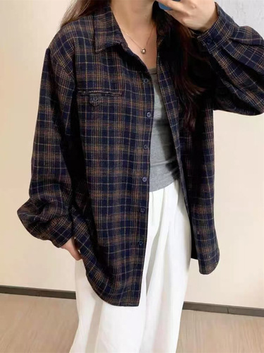 Women's Autumn/Winter New Loose Casual Vintage Long Sleeve Check Shirt Top in Navy Blue Flannel