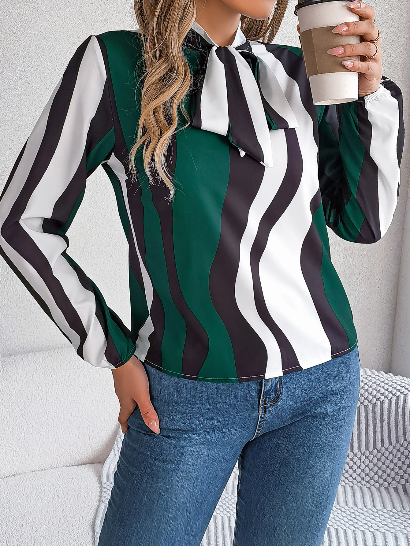Women's Chiffon Shirt Long Sleeve Blouses Elegant Stripe display picture 9