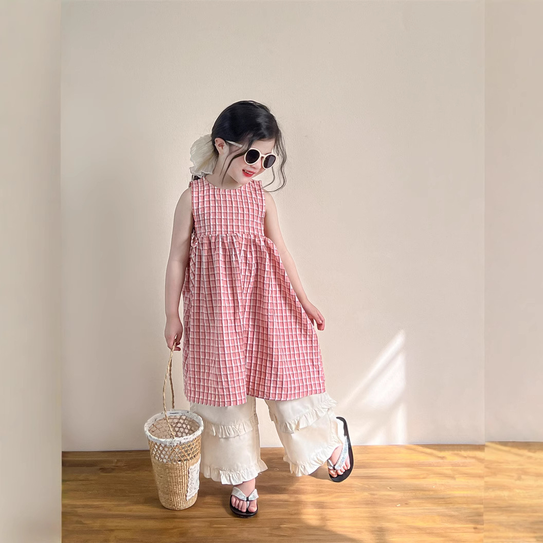 2025 Summer New Korean Style Children's Wear Girl's Waist Tie Plaid Thin Vacation Vacation Style Vacation Dress Princess Dress