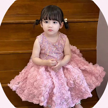 女童连衣裙立体玫瑰花轻奢甜美夏季蓬蓬公主裙周岁礼服裙女宝花童