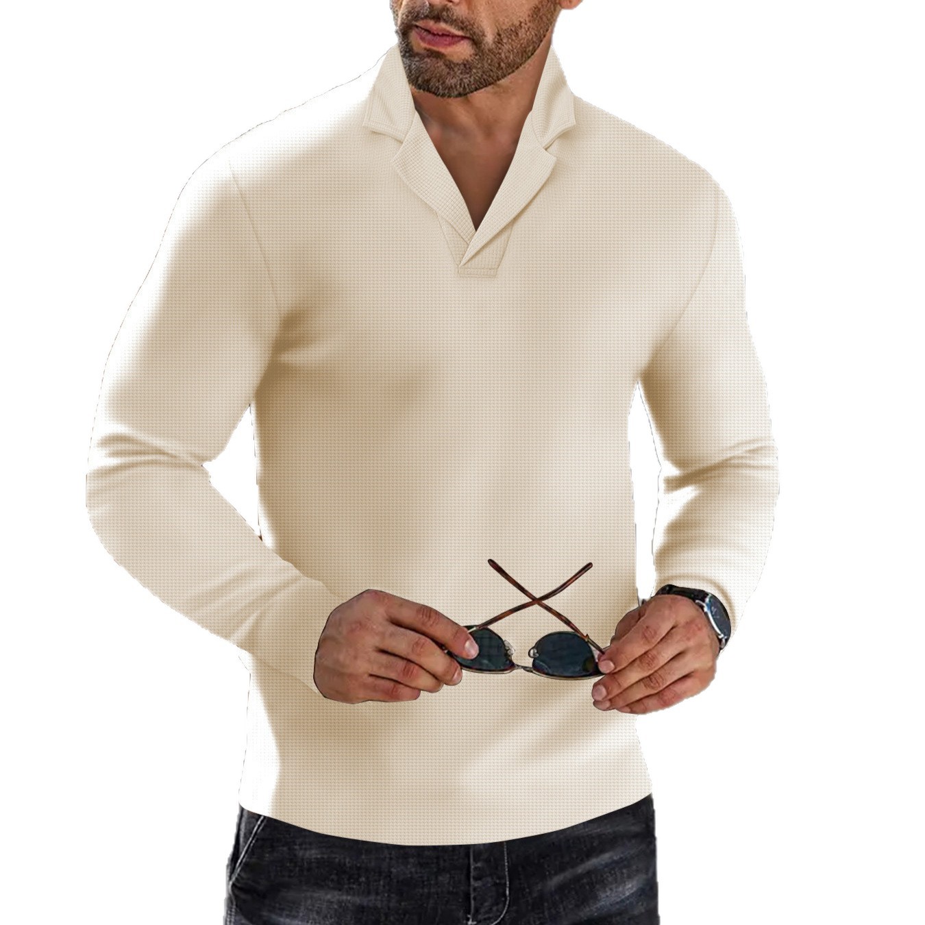 Polo da uomo a maglia waffle con revers a tacca – Maglia a maniche lunghe casual elegante per ufficio e tempo libero (bianco/grigio/nero/kaki/blu, taglie S-XXXL)_voghion.com