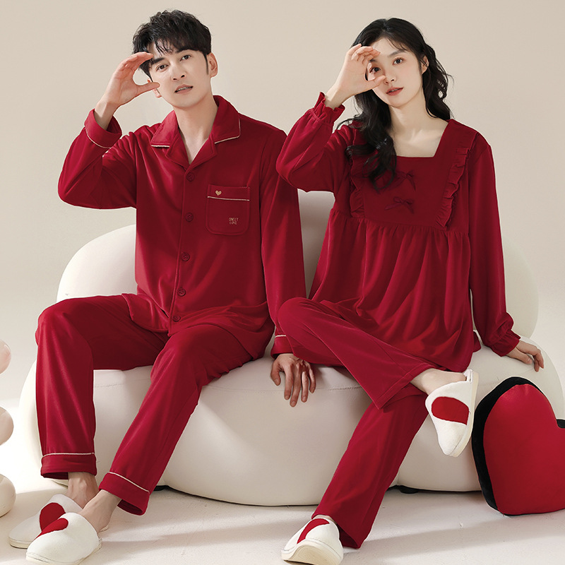 Newlywed Wedding Red Festive Couple Pajamas Winter Coral Velvet Thickeneded Warm Island Velvet Home Wear Set