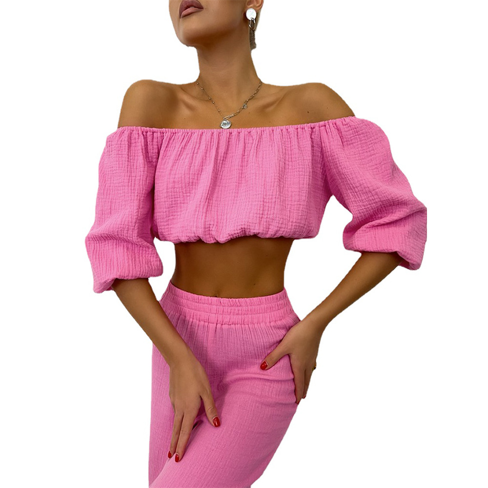 Broekset 2024 zomer één lijn hals uit taille korte bubbelmouwen top + casual rechte buisvloertorens_voghion.com