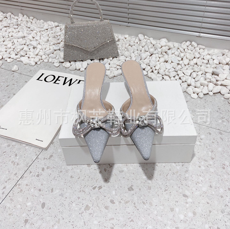 New Style Summer Pointed Stiletto Heel Half Slippers High Heel Slippers European and American Style Bow Toe High Heel Slippers All-Match Outer Wear