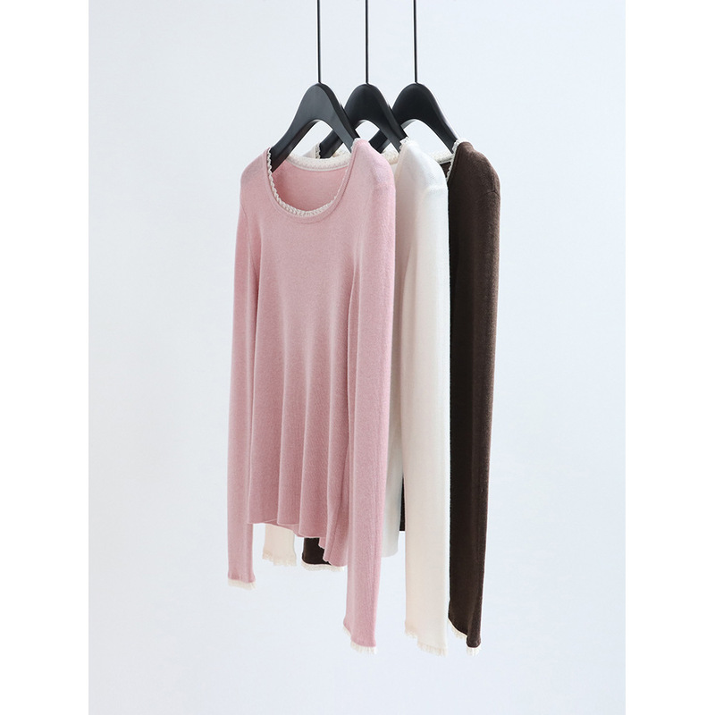 M1U style, lace-trimmed square neckline, long-sleeved knit sweater, autumn/winter wool blend ribbed base layer, women's sweater