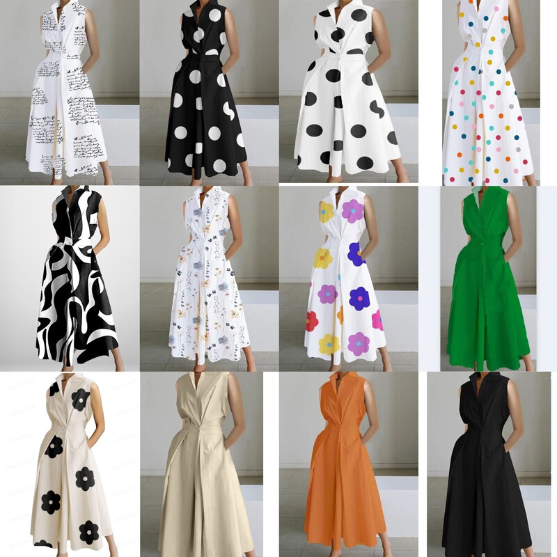 Cross-Border European and American Fashion Casual Sleeveless V-Neck Flared Trendy Printed Women's Elegant Commuter Dress