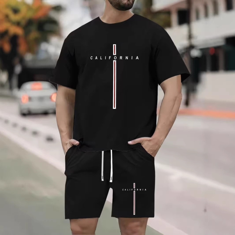 Men's Best-Selling Short-Sleeved T-Shirt Set with Letter 3D Digital Printing Casual Cross-Border Foreign Trade Fast Shipping Amazon