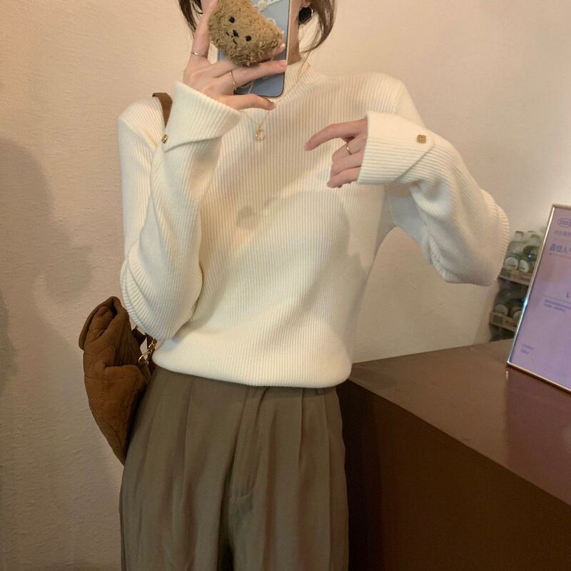 5138 # Half Turtleneck Small Fragrant Knitted Sweater for Women in Autumn and Winter Andy Velvet Warm Inner with Chic Buttons for Base Layer 5138 # Half Turtleneck Small Fragrant Knitted Sweater for Women in Autumn and Winter Andy Velvet Warm Inner with Chic Buttons for Base Layer