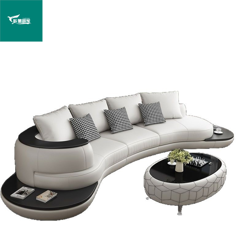 Sofá de cuero curvo creativo, sala de estar de lujo ligero, casa pequeña y mediana, combinación de sofá de cuero moderno, simple y de moda.