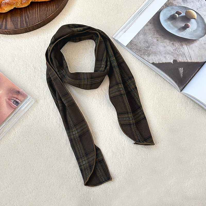 Pañuelo de seda largo, bufanda delgada y estrecha a cuadros retro de alta calidad, bufanda versátil, pañuelo en la cabeza, cinturón decorativo para el cabello