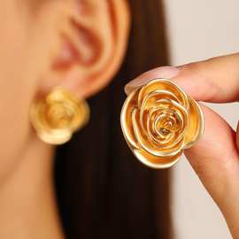 法式复古金色玫瑰花耳钉女高级感小众设计独特气质耳环时尚耳饰潮