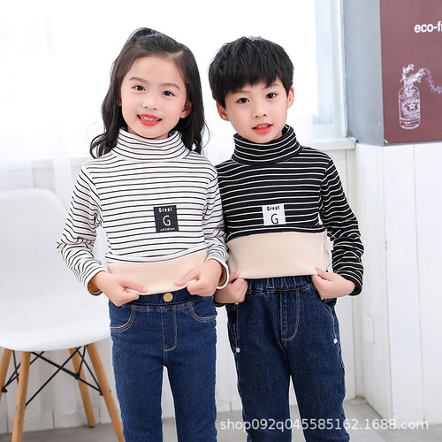  Children's Base Shirt Half-Neck Fleece Men and Women's Children Striped Long-Sleeve Warm Top Trendy Korean Version Autumn and Winter Children's Clothing