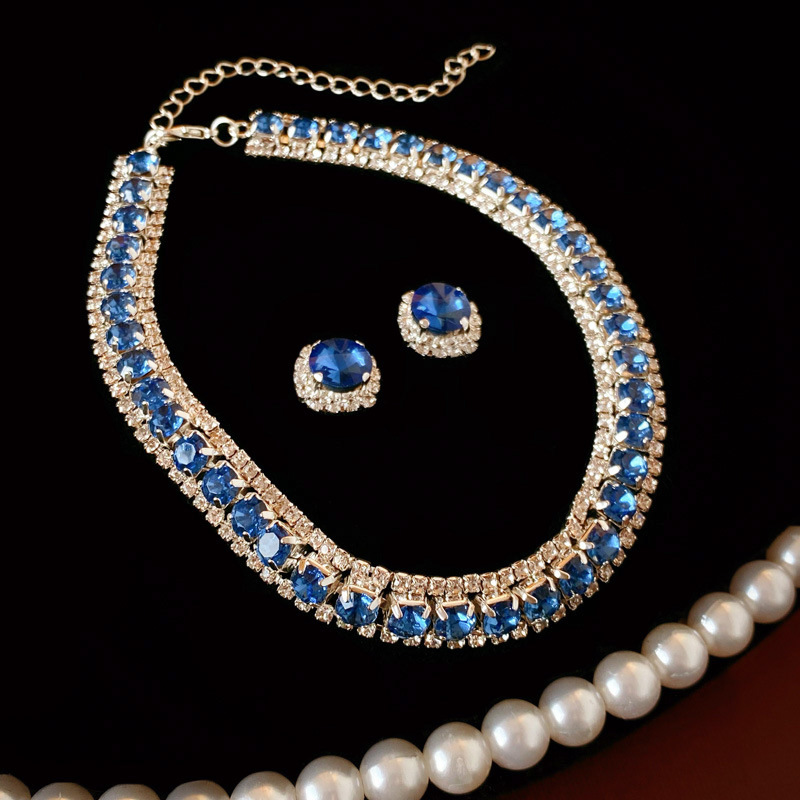 Blue alloy acrylic square necklace and earrings two-piece set