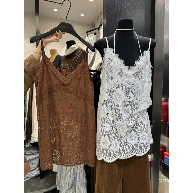White Lace Hollow-Out Camisole with a Stylish Design for Outerwear, Fashionable Vest-Style Loose Top