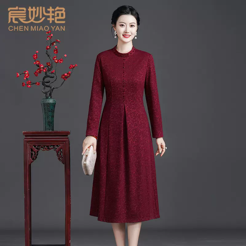 中老年女装2025春季新款妈妈装中长款长袖羊毛针织连衣裙代发批发