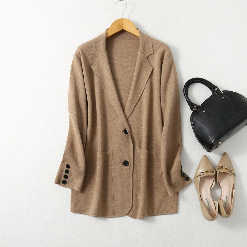 Simple commuter suit collar cardigan sweater spring and autumn top casual style mid-length silk cotton cashmere coat