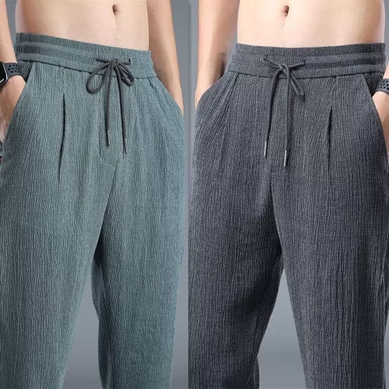 Men's Linen Casual Pants 2024 New Summer Ice Silk Thin Trousers Loose Straight Men's Air-Conditioned Pants