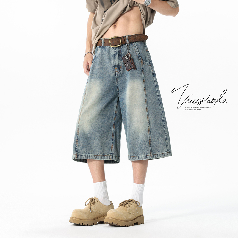 American-Style Distressed Deconstructed Denim Cropped Pants for Men, New Summer Style, Loose Wide-Leg Casual Shorts, Men's 7/8 Length Pants