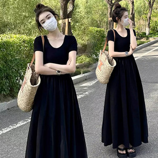 in stock Summer New French Hepburn Style Short Sleeve Pregnant Women's dress Summer Mid-length Pregnant Women's Small Black Dress