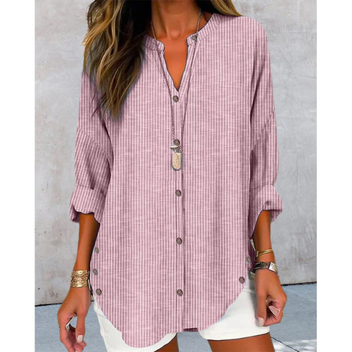  Amazon Women's Autumn and Winter New Cross-border European and American Casual Fashion Button Stripe Long-sleeved Solid Color Shirt 