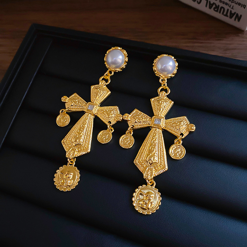 1 Pair Quantity 1 Pair Vintage Style Cross Plating Inlay Alloy Artificial Pearls Rhinestones Drop Earrings