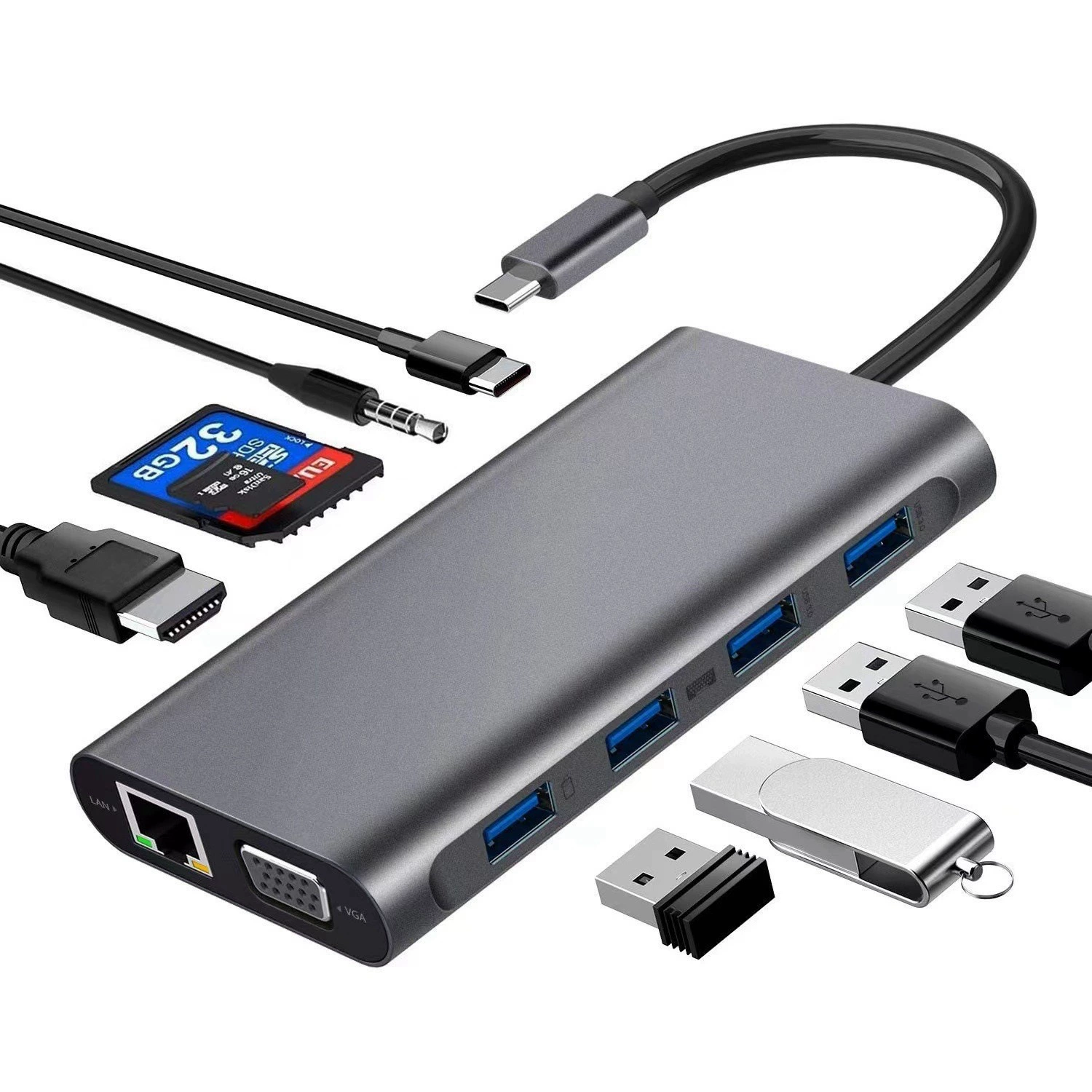 Док-станция Type-C 11-в-1 с HDTV, сетевой картой, универсальный конвертер USB-хаб для MacBook