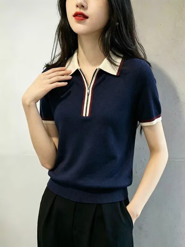 Áo thun nữ ngắn tay phong cách cổ điển, dây kéo trước, form ôm nhẹ — Xanh lông mòng đen