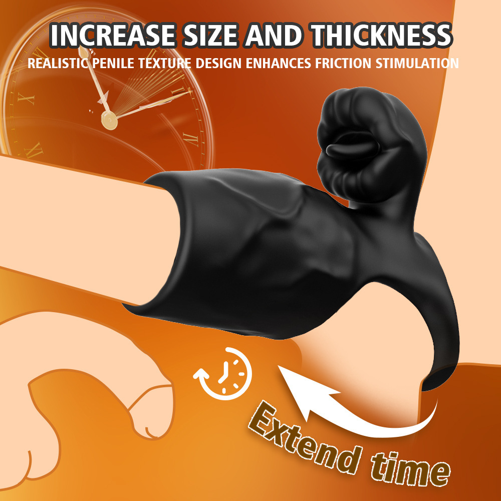 Vibrating Couples Ring with Textured Silicone Sleeve, Button Control, Black — detail image 2