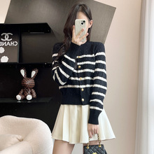 外贸跨境设计感条纹针织开衫毛衣女圆领上衣2025秋冬女装短款外套