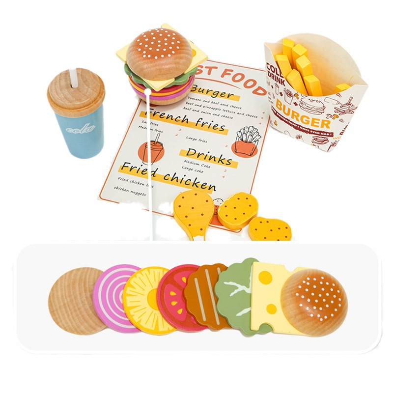 Simulación de madera para niños transfronterizos para jugar a la casa Burger Papas fritas Set de sándwich Toy Puzzle Juego de cocina divertido