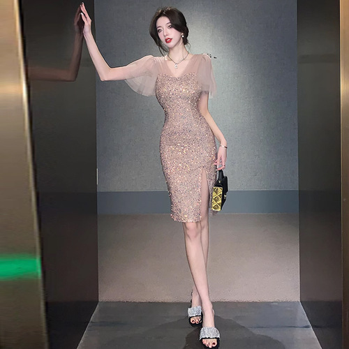 9235 European and American Southeast Asia Foreign Trade Wholesale 2025 Women's Fashion French-style Elegant Flared-sleeve Sequin Split Dress Trendy
